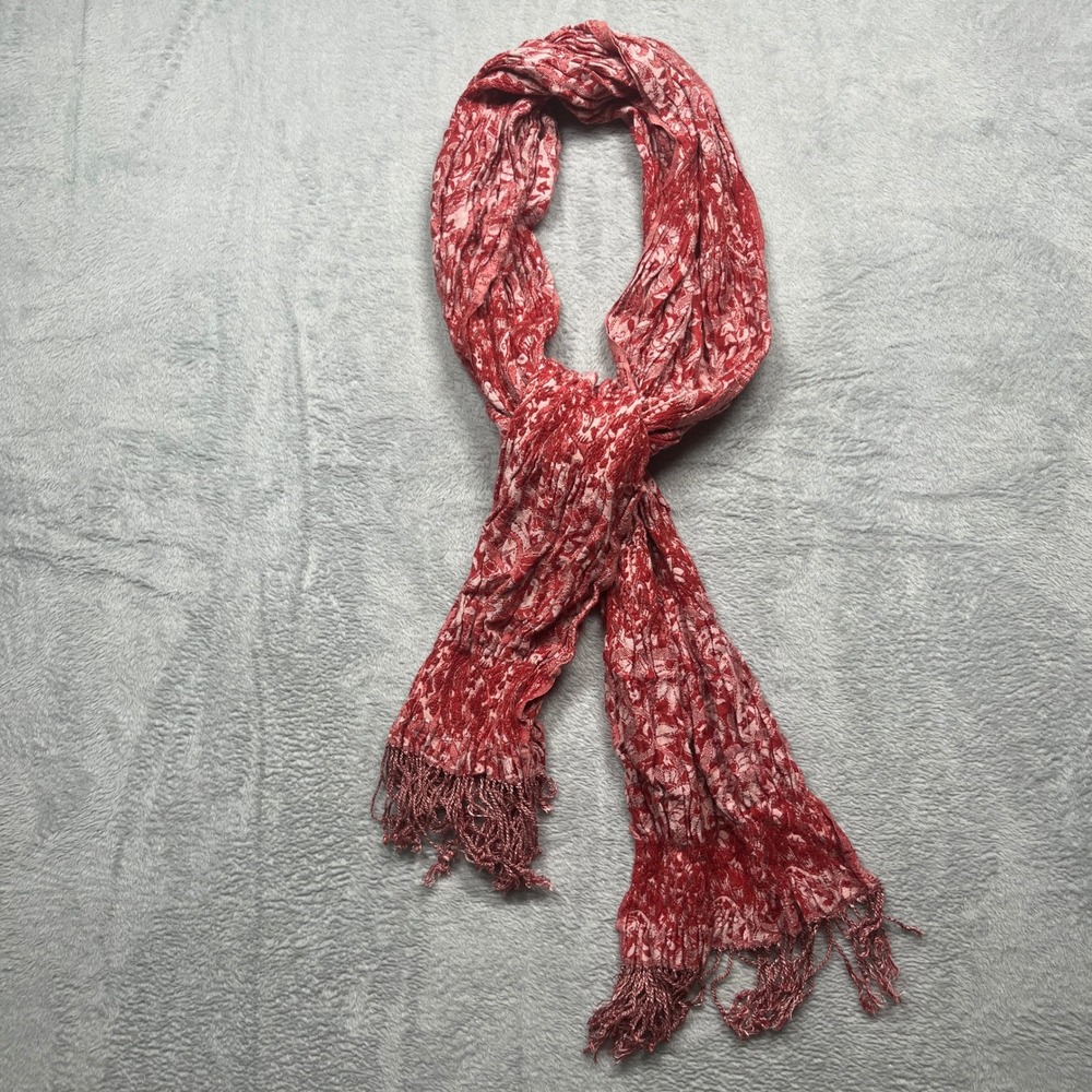 Boho Chic Red Floral Paisley Smocked Crinkle Scarf Ultra Soft & Stretchy Fringe